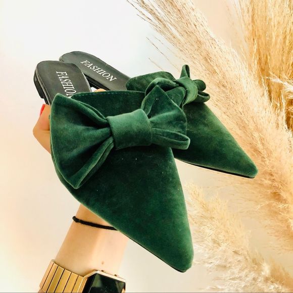 FASHION Emerald Green Velvet Bow Mule Flats Slides - Picture 2 of 9